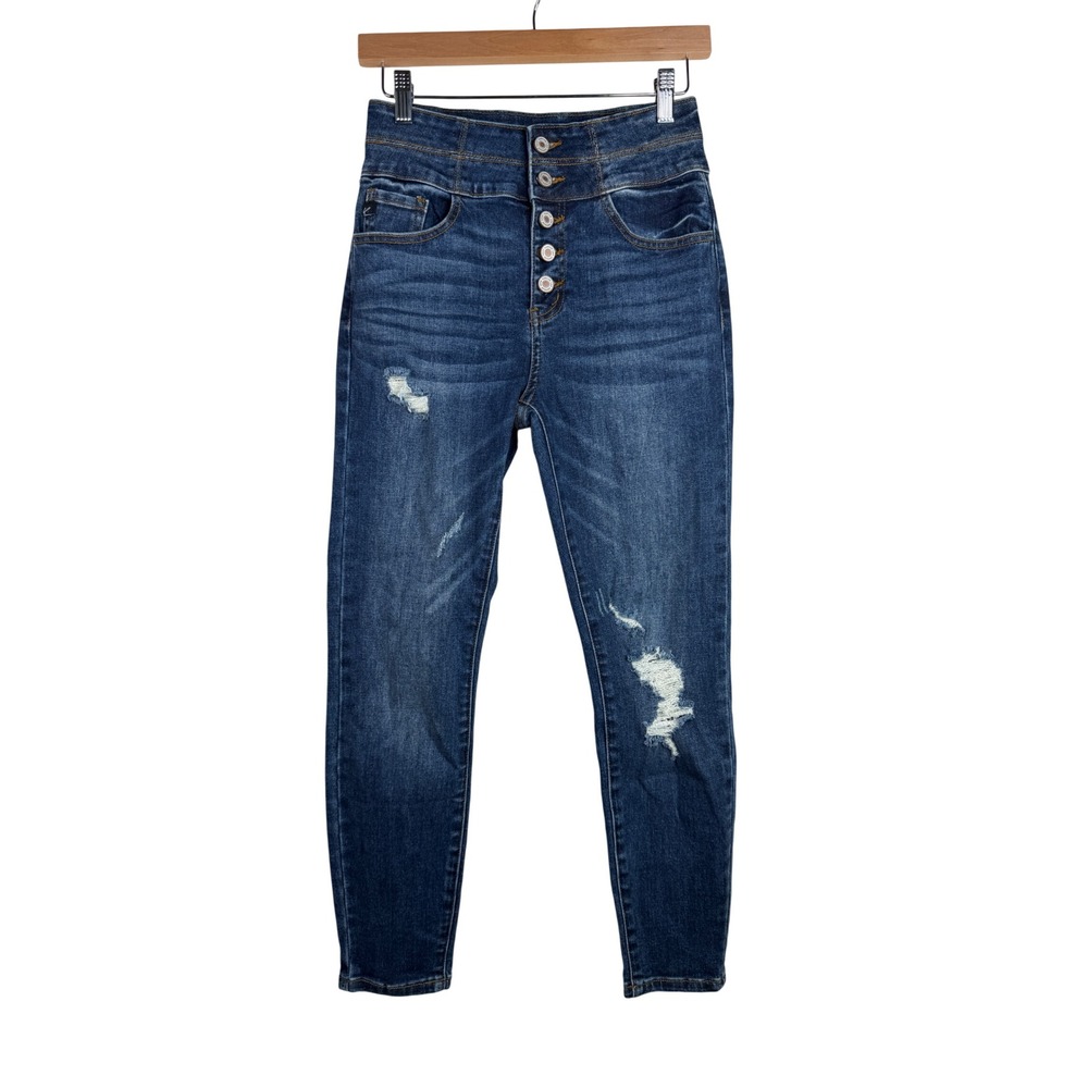 KanCan High Rise Button Fly Distressed Skinny Jeans size 26 Dark Blue Denim